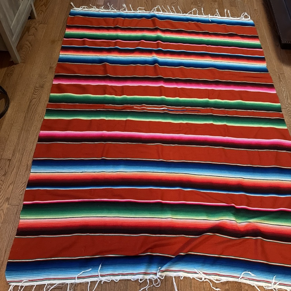 Large Mexican Saltillo Serape Fringed Blanket 60"x81" Vivid, Excellent Condition